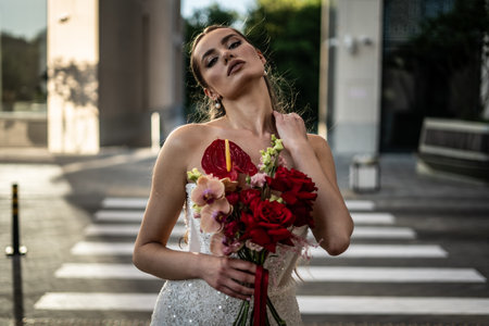 incredibly charming bride poses for a photo in a sophisticated wedding dressの写真素材