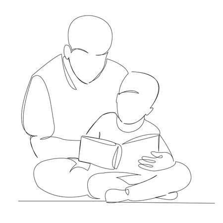 One continuous single drawn line art doodle book, father, child, son, boy. isolated image hand-drawn outline on white background.のイラスト素材