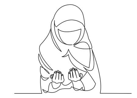one continuous drawn line of a Muslim woman in prayer drawn by hand silhouette picture. Line art. character woman prays to Alahのイラスト素材