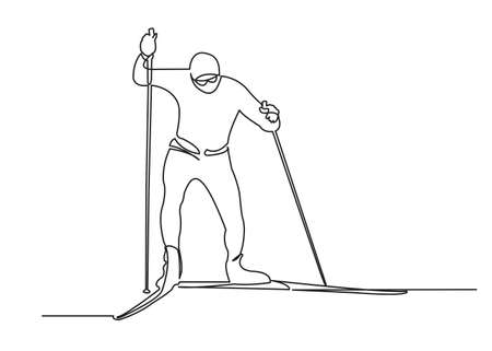 one continuous drawn line skier painted by hand silhouette picture. line art. character male skier athleteのイラスト素材