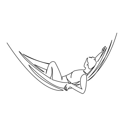 One continuous single drawing line art flat doodle girl, hammock, female, relax, lifestyle. Isolated image hand draw contour on a white backgroundのイラスト素材