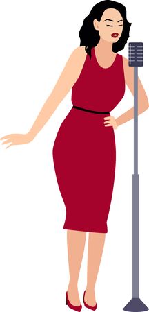 A vector isolated illustration of a singer of a jazz. Woman in red dress, with black hairs sings with a microphone on a stand.のイラスト素材