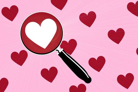 Vector illustration of a magnifying glass with red hearts on a pink background.のイラスト素材