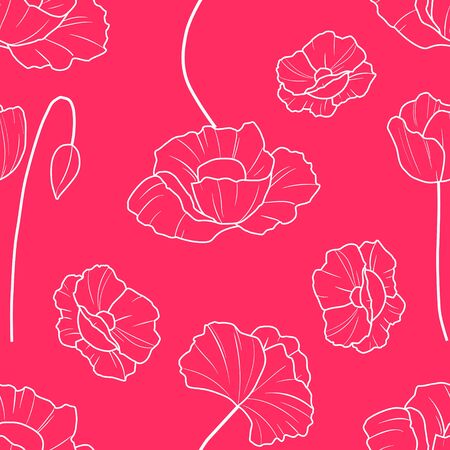 A seamless vector pattern with poppies. White outline beautiful flowers on a red background.のイラスト素材