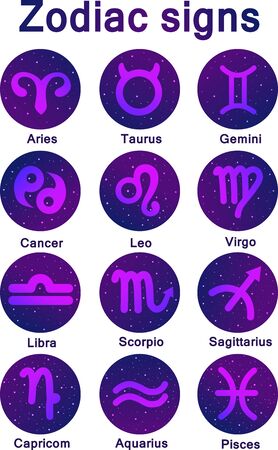Set of vector icons. Collection of zodiac signs in purple colors with the Space. Stars and lights. Astrology symbols with latin namesのイラスト素材
