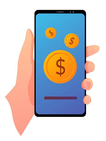 A vector illustration of a smartphone in a hand with money on a screen. Golden coins on a blue. Isolated illustration on a white background.のイラスト素材