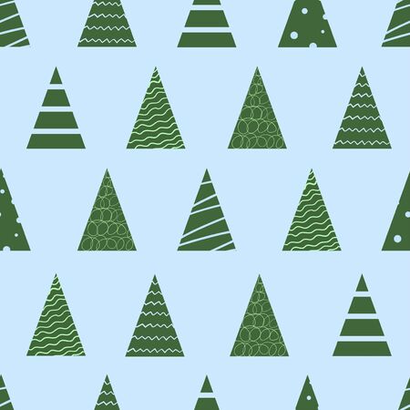 Seamles vector pattern with green christass trees on a blue background. Happynew year ornament for gift paper or a postcard.のイラスト素材