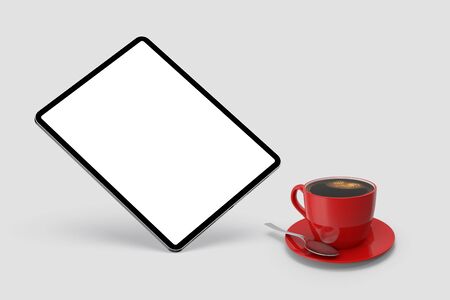 Floating tablet mockup and coffee cup on the white isolated background.Simple and creative business...
