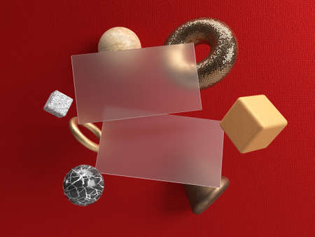 Realistic Glass morphism 3D illustration. Translucent business card on a red background. Frosted...