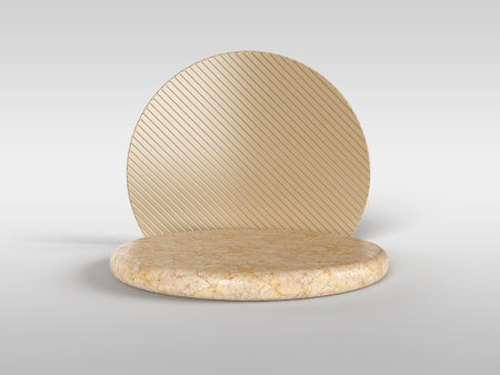 3D rendering Luxury golden marble podium for product display. Transparent background scene with gold back circle.の写真素材