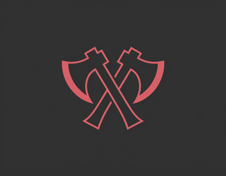 A simple yet striking logo featuring two crossed axes in a minimalist style using a red outline on a dark background suitable for various branding applicationsの素材