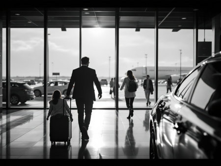 A black and white image depicts a family departing from an airport a father pulling a suitcase with his daughter while other travelers and a car are visible in the background reflecting a sense of travel and departureの素材