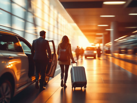 A well dressed couple exits a car at sunset and walks towards the airport terminal with luggage The image conveys a sense of travel and luxuryの素材