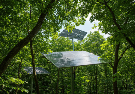 A picturesque scene showcasing multiple solar panels strategically placed amongst tall trees in a vibrant forest environment promoting sustainable energy solutions in natureの素材