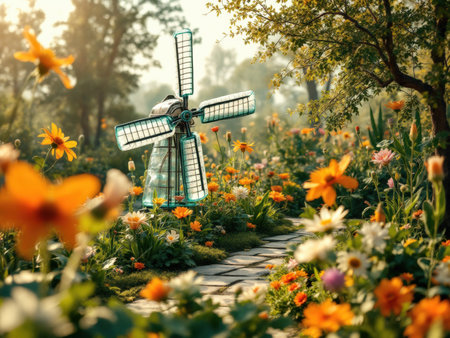 A picturesque scene featuring a delicate glass windmill nestled amongst a vibrant array of colorful flowers and lush greenery bathed in warm sunlight A stone pathway meanders through this idyllic garden settingの素材