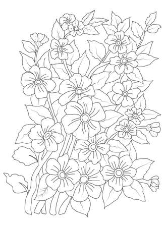 Vector black and white coloring page for coloring book. Leafs and flowers in monochrome colors. Doodles patternのイラスト素材