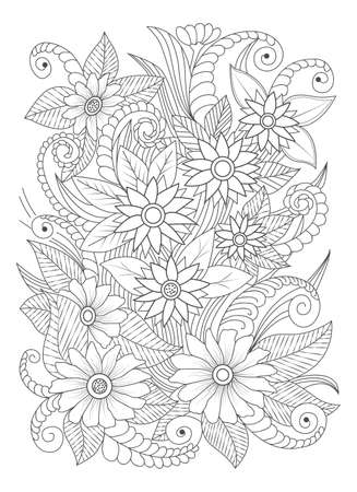Vector black and white coloring page for coloring book. Leafs and flowers in monochrome colors. Doodles patternのイラスト素材