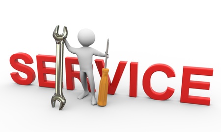 3d man holding screw driver and wrench with 'service' text. Concept of repair and maintenanceの写真素材