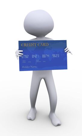 3d man holding bank credit card on white background.の写真素材