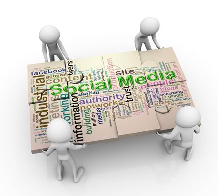 3d men working together for completing puzzle of 'social media wordcloud'の写真素材