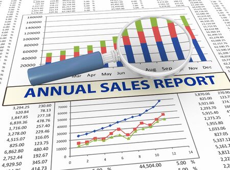 3d magnifying glass focus on annual sales reportの写真素材