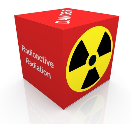 3d render of cube with radioactive radiation symbol and textの写真素材