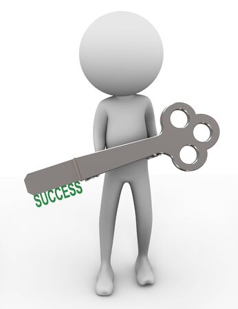 3d man holding key with word の写真素材