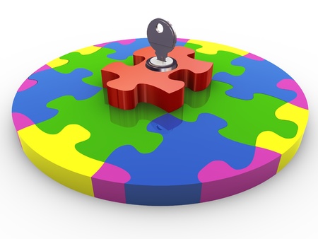 3d render of locked circular shape puzzle with keyの写真素材
