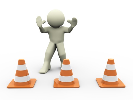 3d render of man in warning position standing behind traffic conesの写真素材