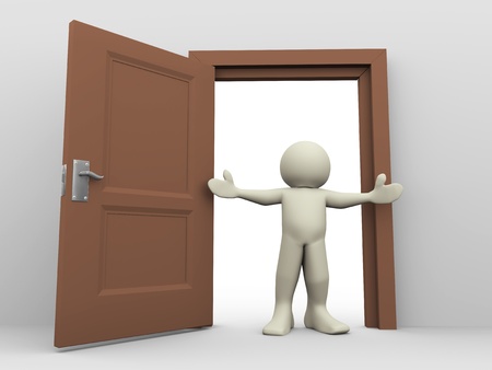 3d render of man in front of open door  3d illustration of human character の写真素材
