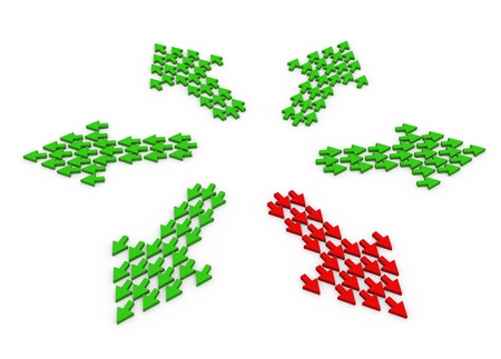 3d render of unique red arrows group, made up of small arrows.の写真素材