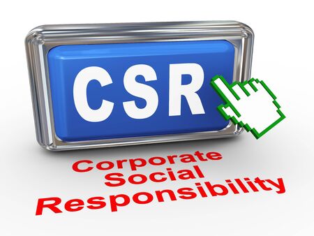 3d render of hand cursor pointer click on button with phrase csr  corporate social responsibility buttonの写真素材
