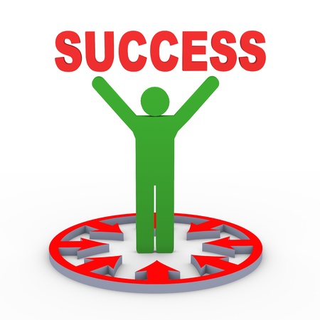 3d render of man in centre of circular arrow shape holding word success. Concept of successful goal achievementの写真素材