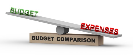 3d illustration of concept of comparison of budget and expenses  Word expenses is heavier against budget on balance scale の写真素材