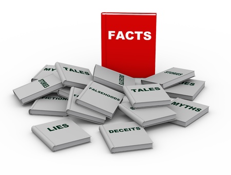 3d render of red facts book vs lies, myth and other untruth stories booksの写真素材