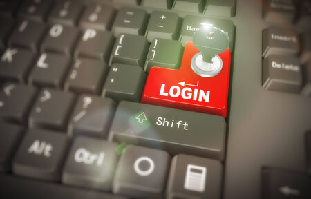 3d rendering of black computer keyboard with red login button having key and lockの写真素材