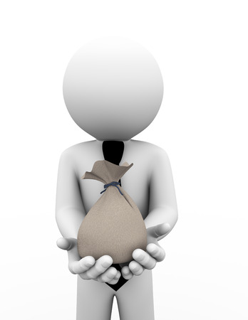 3d rendering of business person holding money bag on hands. 3d white people man character.の写真素材