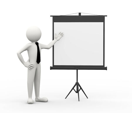 3d rendering of businessman introducing and presenting something at the tripod projector screen. 3d white people man characterの写真素材
