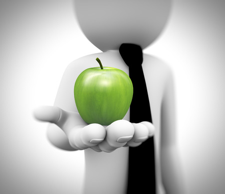 3d rendering of business person holding and offering green apple  3d white people man character の写真素材