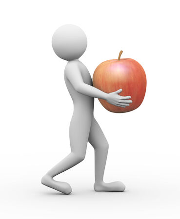 3d rendering of person carrying big red apple. 3d white people man characterの写真素材