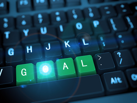 3d rendering of black computer keyboard with bright shiny green goal buttonの写真素材