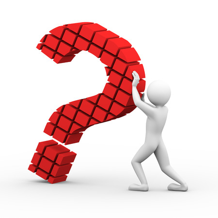 3d rendering of man holding falling block question mark sign symbol. 3d white people man character.