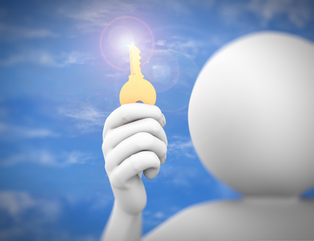 3d rendering of successful person holding golden shiny key of success  3d white people man characterの写真素材