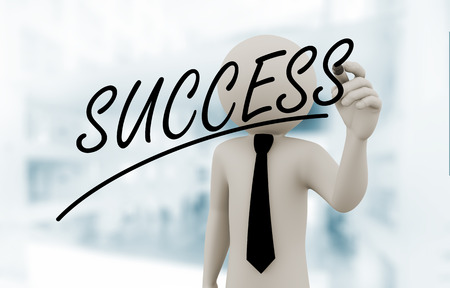 3d rendering of business person writing word success on touch transparent screen. 3d white people man character.の写真素材