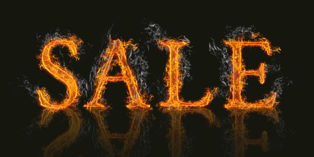 Illustration of word sale on realistic flaming burning hot fire with reflectionの写真素材