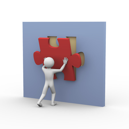 3d rendering of man placing and fixing puzzle piece. Presentation of problem solution concept. 3d...