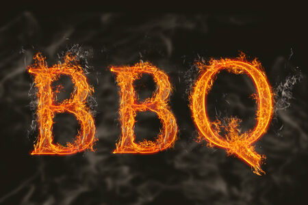 Illustration of word bbq barbecu on realistic flamming burning hot fire with reflectionの写真素材