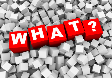 3d rendering of word text what and abstract cubes boxes backgroundの写真素材