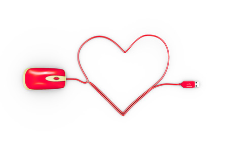 3d rendering of heart shape made up of computer mouse cable wireの写真素材