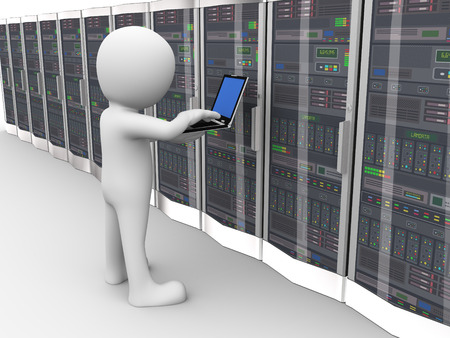 3d rendering of man with laptop working in network computer data server system datacenter room. 3d...